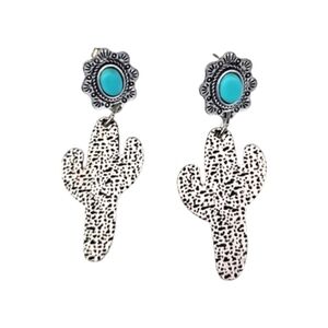 Metallic Cactus Dangle Earrings Southwestern Style Turquoise Silver